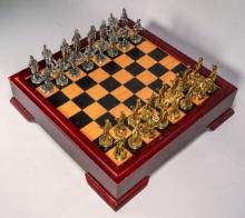 Gold & Silver Civil War Chess Set W/Red Wooden Case/Board