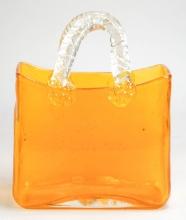 Amber Colored Glass Purse Vase W/Clear Handles