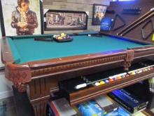 The Ramsey 8' Billiard Table, Built In Storage, Walnut Finish, Solid Wood Rails and Body with Tapere