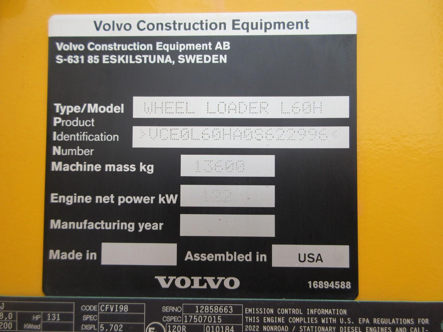 2022 Volvo L60H Rubber Tire Wheel Loader
