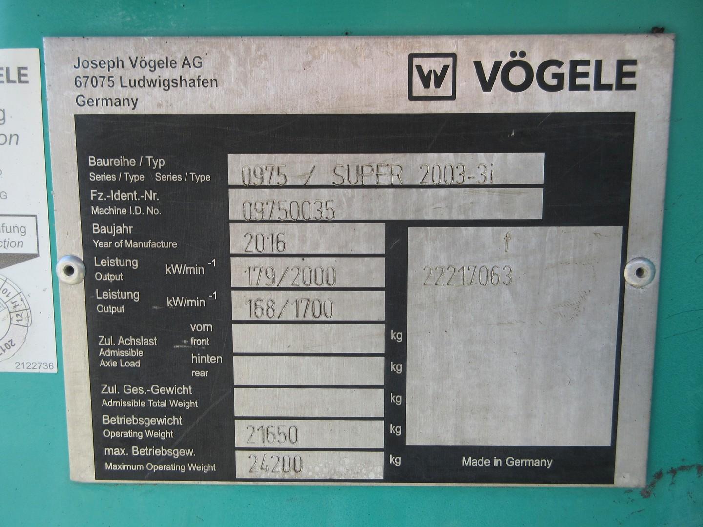 2016 Vogele Super 2003-3i Asphalt Paver