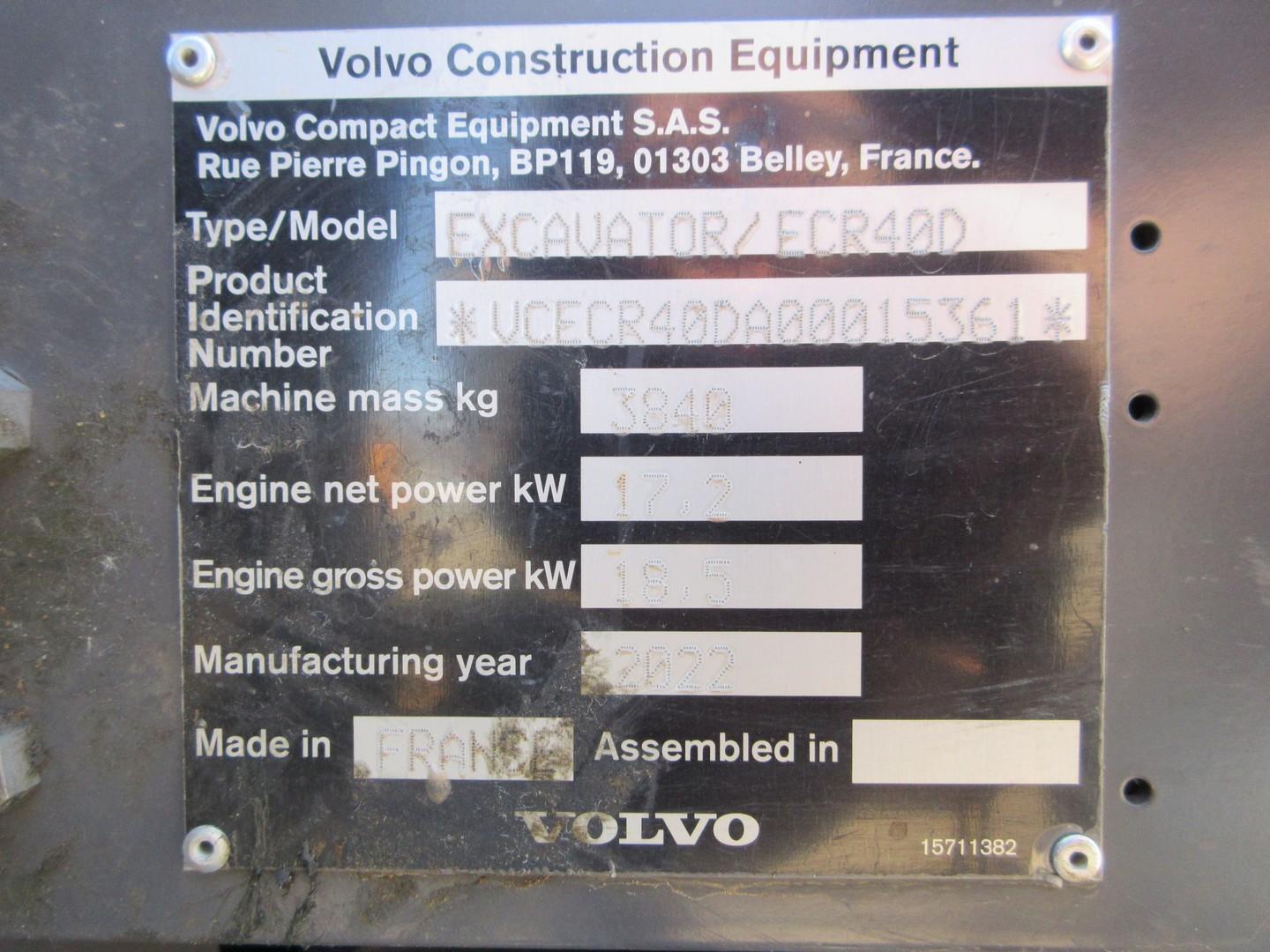 2022 Volvo ECR40D Mini Excavator