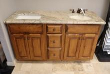 24" x 63" bathroom vanity with dual round and rectangle sinks with granite