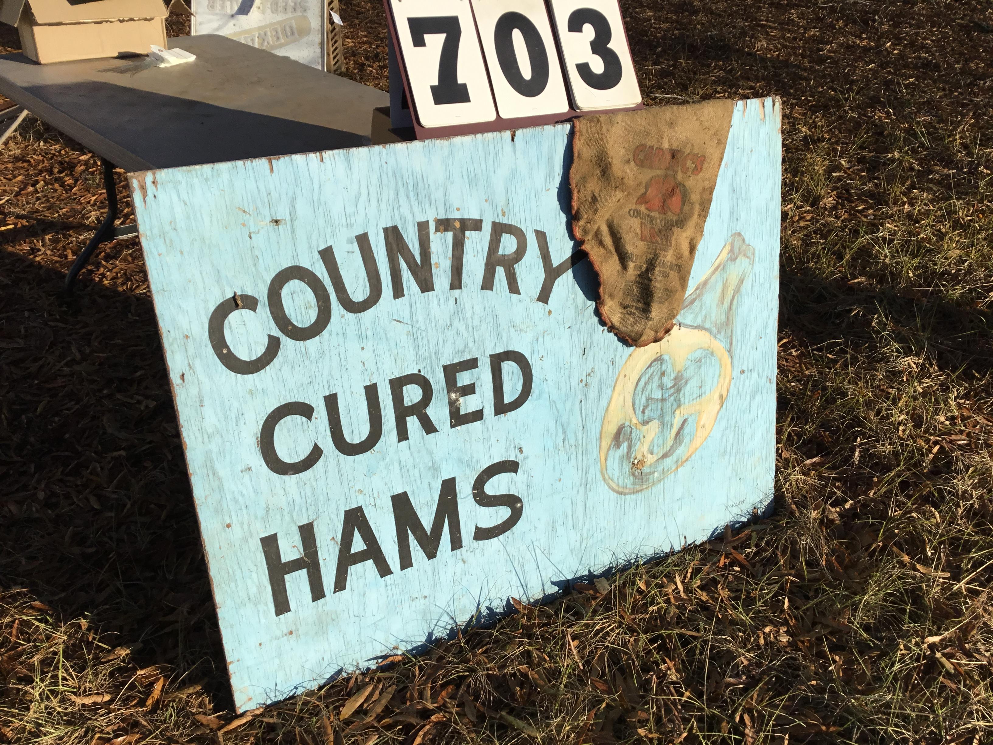 Painted sign 36" x 48" (double-sided), 1 side "Country Cured Hams" & other "Fishing Worms For Sale"