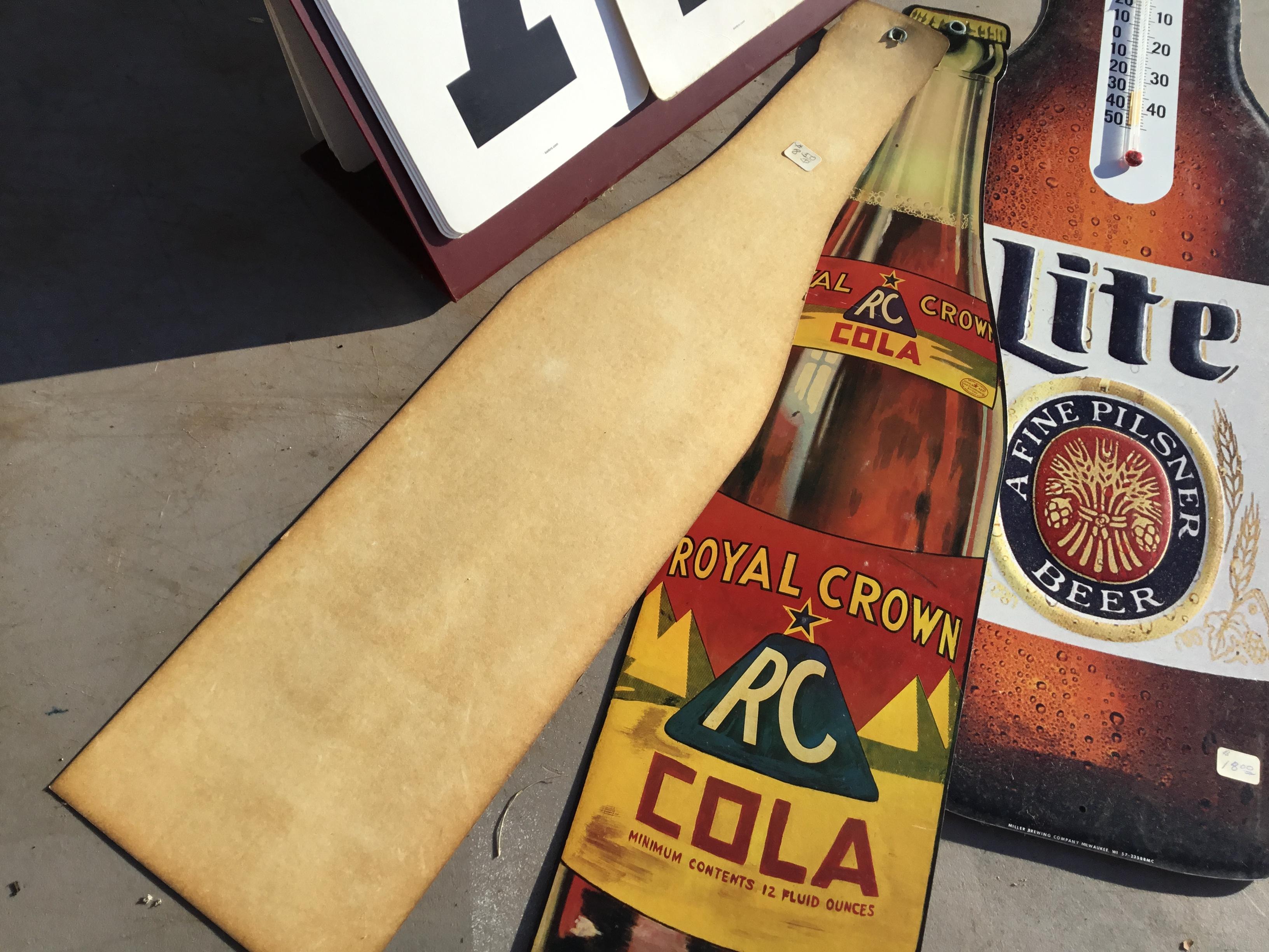 Group - 1 metal Lite beer thermometer (broken); 2 cardboard RC Cola advertisements