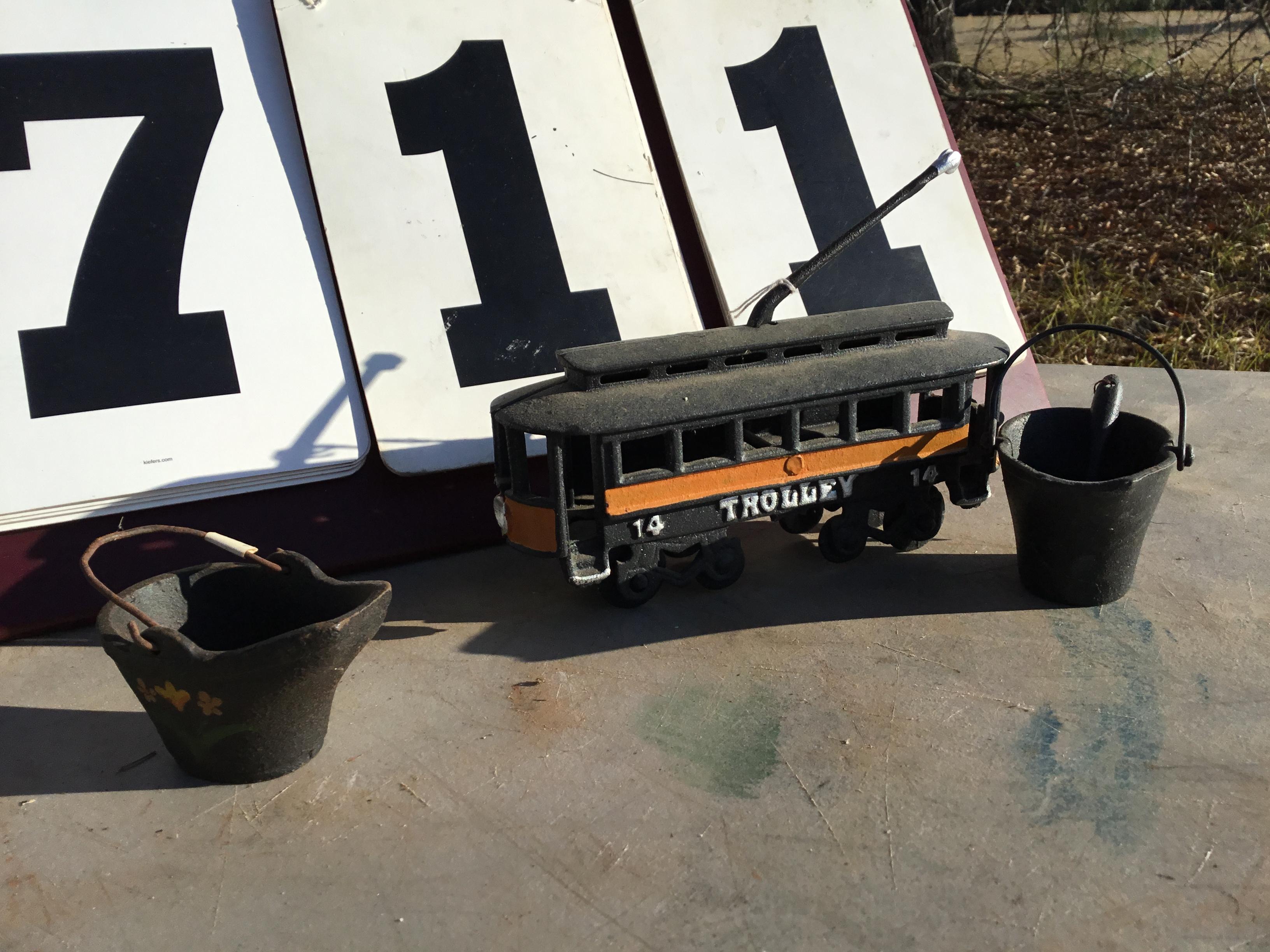 Group of cast iron miniatures - trolley car #14, 8" x 3"; 2 coal buckets, 2" x 2"