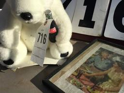 Coca-Cola group - 1 stuffed polar bear; one framed vintage advertisement