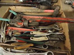3 flats - and 1 tray of hand tools, pipe wrenches, crescent wrenches, files