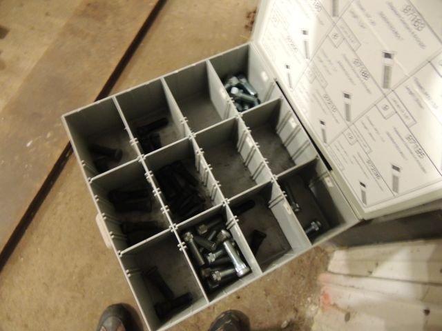 3 Drawer Wheel Stud and Nuts w/inventory and Wooden Cabinet, misc. Spark Pl