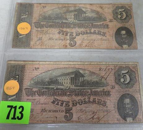 Lot of (2) 1864 Richmond / Confederate States $5 Civil War Notes