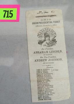 Original 1864 Lincoln Johnson Presidential Ballot