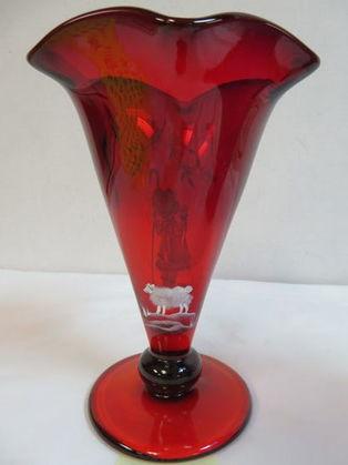 Beautiful Fenton Mary Gregory "Sheep Hearder" Ruby Red Hand Painted Vase, Artist Signed