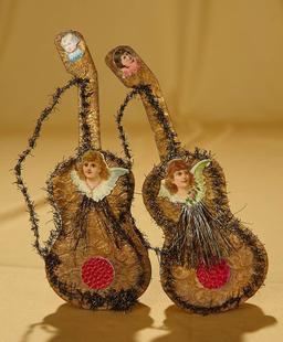 Pair of Victorian gilt tinsel and scrap guitar candy container ornaments. $200/400
