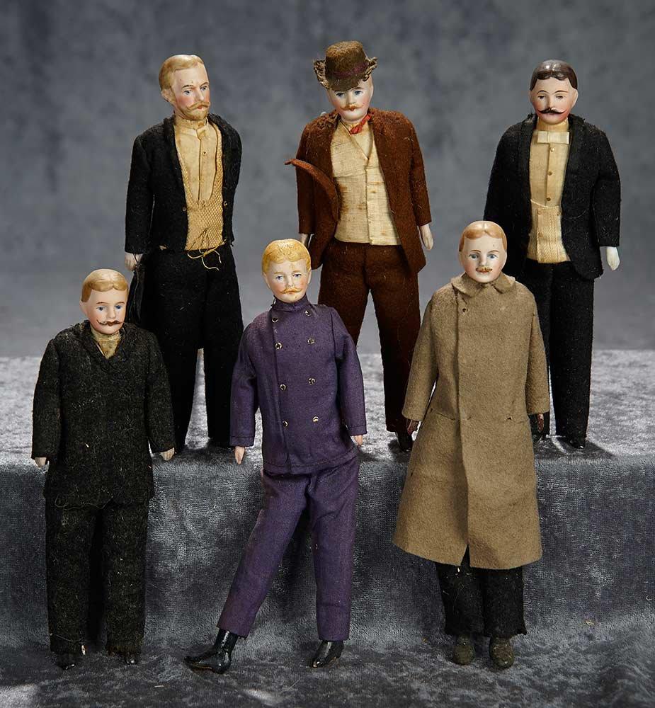 7" Six German bisque dollhouse gentlemen, original costumes,  moustaches, beard. $800/1200