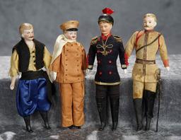 Four 6 1/2"-7" German bisque dollhouse moustachioed gentlemen, two original uniforms. $600/800