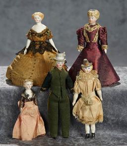 Five 4"-5 1/2" early German bisque dollhouse dolls including two with sculpted hats. $600/900
