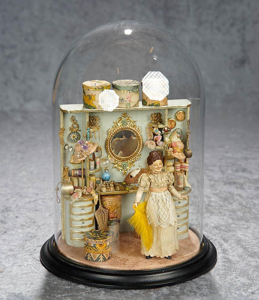 13"h. dome. Miniature Arrangement "The Millinery Shop" by Elaine Cannon. $800/1000