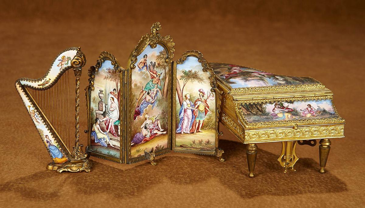 Viennese Three Panel Double-Sided Folding Enamel Screen with Mythological Scenes  1100/1400