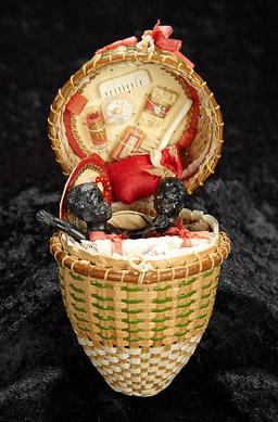 All-Original Woven Presentation Basket with Black Bisque Babies and Accessories 1200/1600