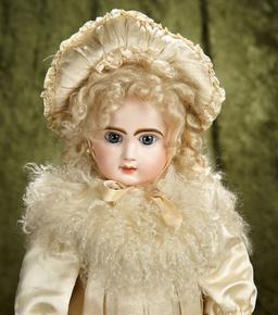 21" French bisque bebe with closed mouth by Jumeau, signed shoes, gorgeous costume. $1600/1900