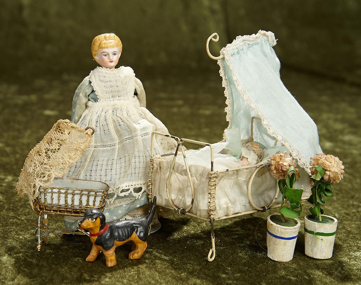 5" German bisque dollhouse doll with cradle and all-bisque baby, dog, and more. $400/500