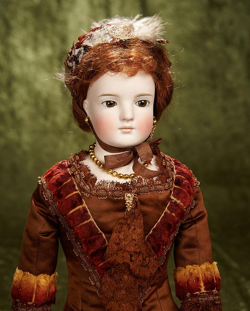 25" German bisque fashion lady by Kling with wistful expression, superb costume. $500/600