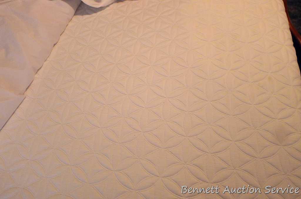 Tempur-pedic full size mattress and box spring set; Healthy Sleep mattress pad, sheets, comforter