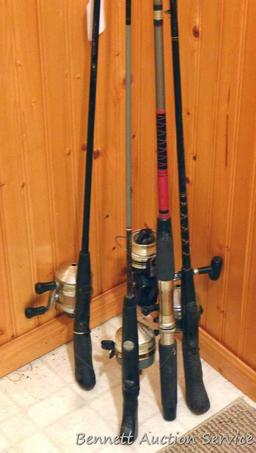 Five fishing poles incl. Zebco. One fishing reel is a Ryobi GX-30. Longest pole is 6' 5".