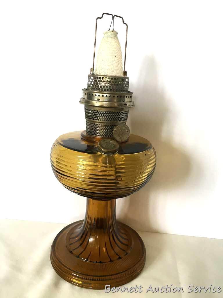 Pedestal Kerosene Lamp: Antique Carnival glass pedestal. Aladdin Model B Nu-Type burner, mantle