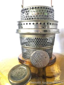 Pedestal Kerosene Lamp: Antique Carnival glass pedestal. Aladdin Model B Nu-Type burner, mantle