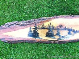 Rough Cut Log Painting : Wilderness lake scene painting on rough cut pine wood, varnish sealed on