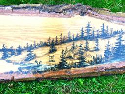 Rough Cut Log Painting : Wilderness lake scene painting on rough cut pine wood, varnish sealed on