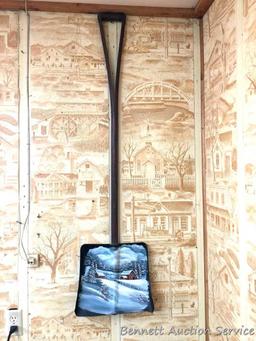 Antique Painted Shovel: Single-piece split-wood handled shovel with painted winter farm scene.