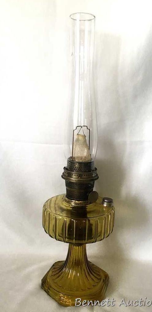 Pedestal Kerosene Lamp: Antique Carnival glass pedestal. Aladdin Model B Nu-Type burner. Aladdin