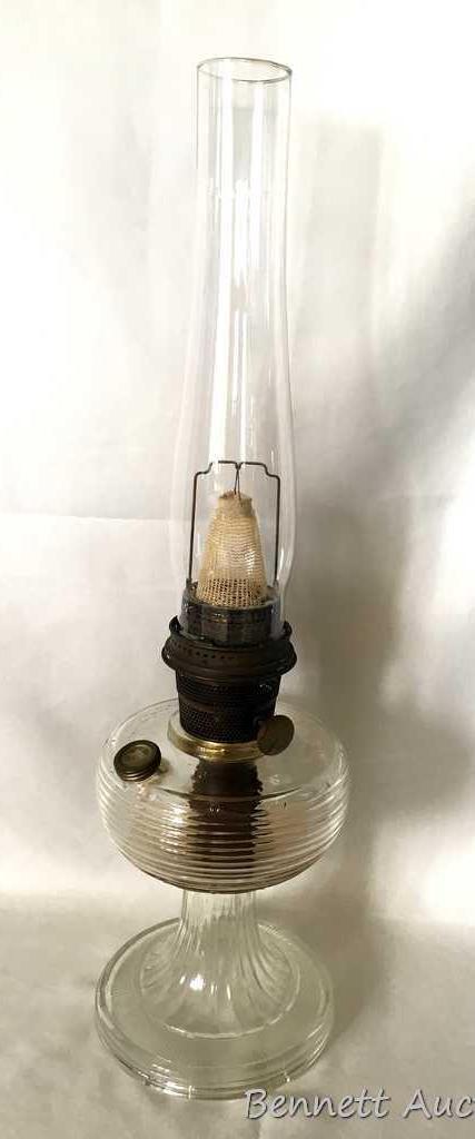 Pedestal Kerosene Lamp: Antique. Aladdin Model B Nu-Type burner. Chimney has set-and-turn glass,