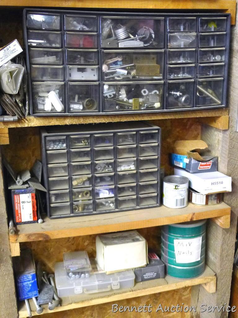 Assorted hardware in three cabinets and on shelf, largest cabinet is approx 18"x 8"x 6".