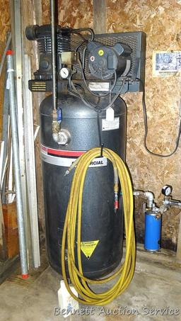 Sanborn 5HP air compressor is model No 500B60U. Works; comes with 3/8" hose and a water dryer and