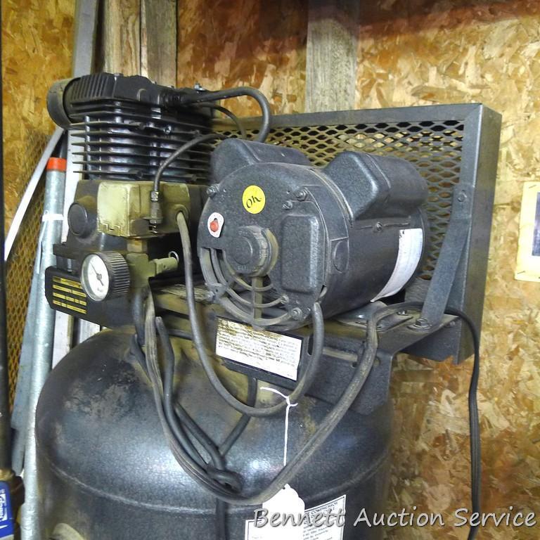 Sanborn 5HP air compressor is model No 500B60U. Works; comes with 3/8" hose and a water dryer and