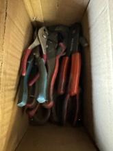 Box Lot of Misc. Pliers, Fencing, Needle Nose Nippers, etc.