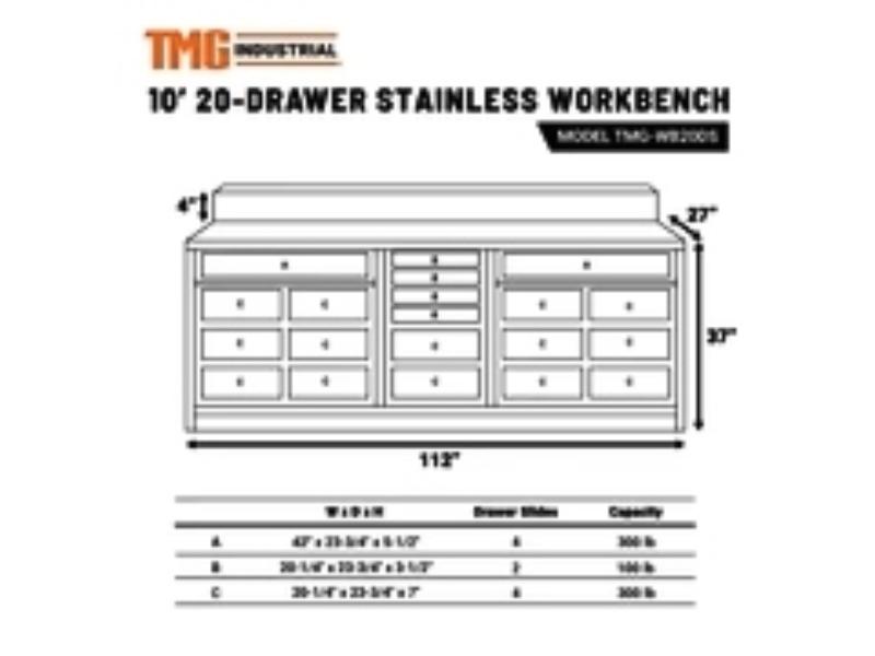 New TMG-WB20DS Workbench 10' 20-Drawer Powder Coated