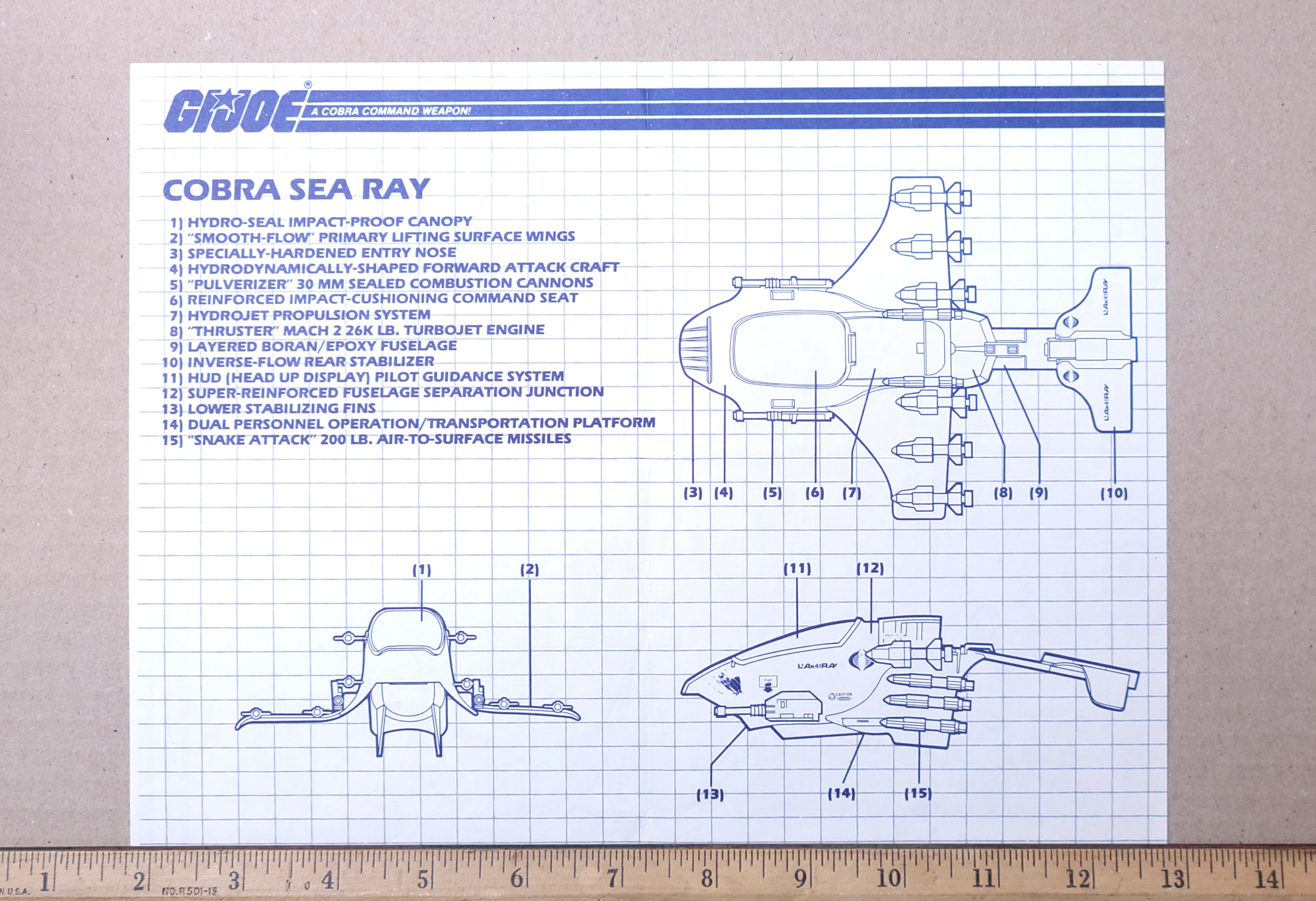 GI Joe Cobra Sea Ray Attack Submarine/Glider Vehicle Toy Vintage Hasbro Blueprints/Instructions