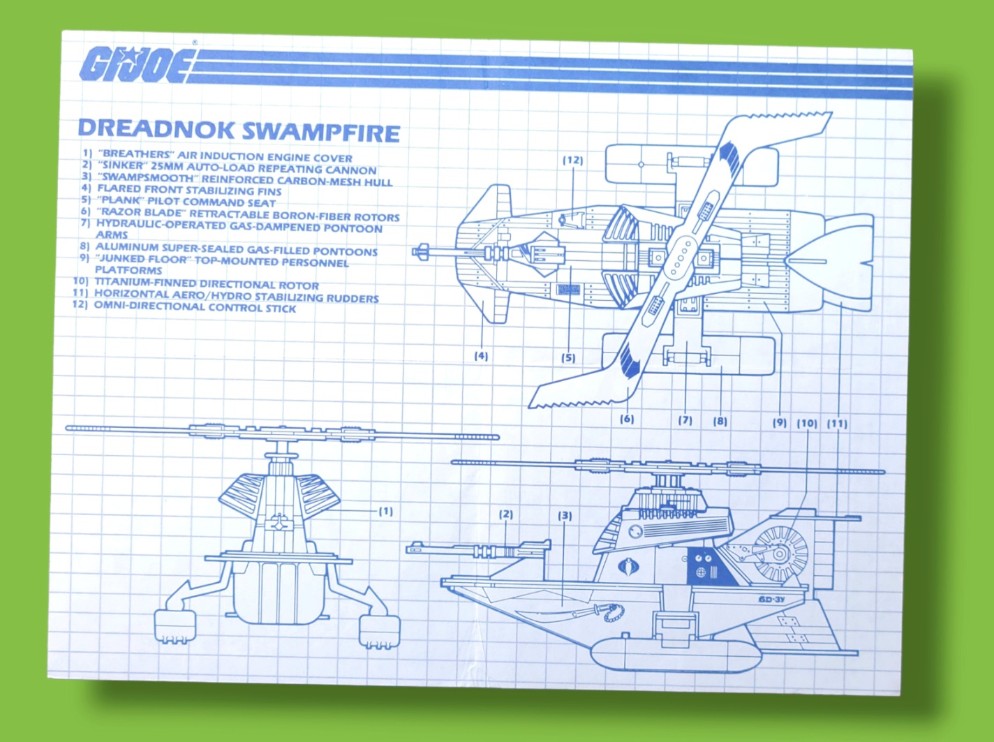GI Joe Dreadnok Swampfire Helicopter/Attack Boat  Vehicle Toy Vintage Hasbro Blueprints/Instructions