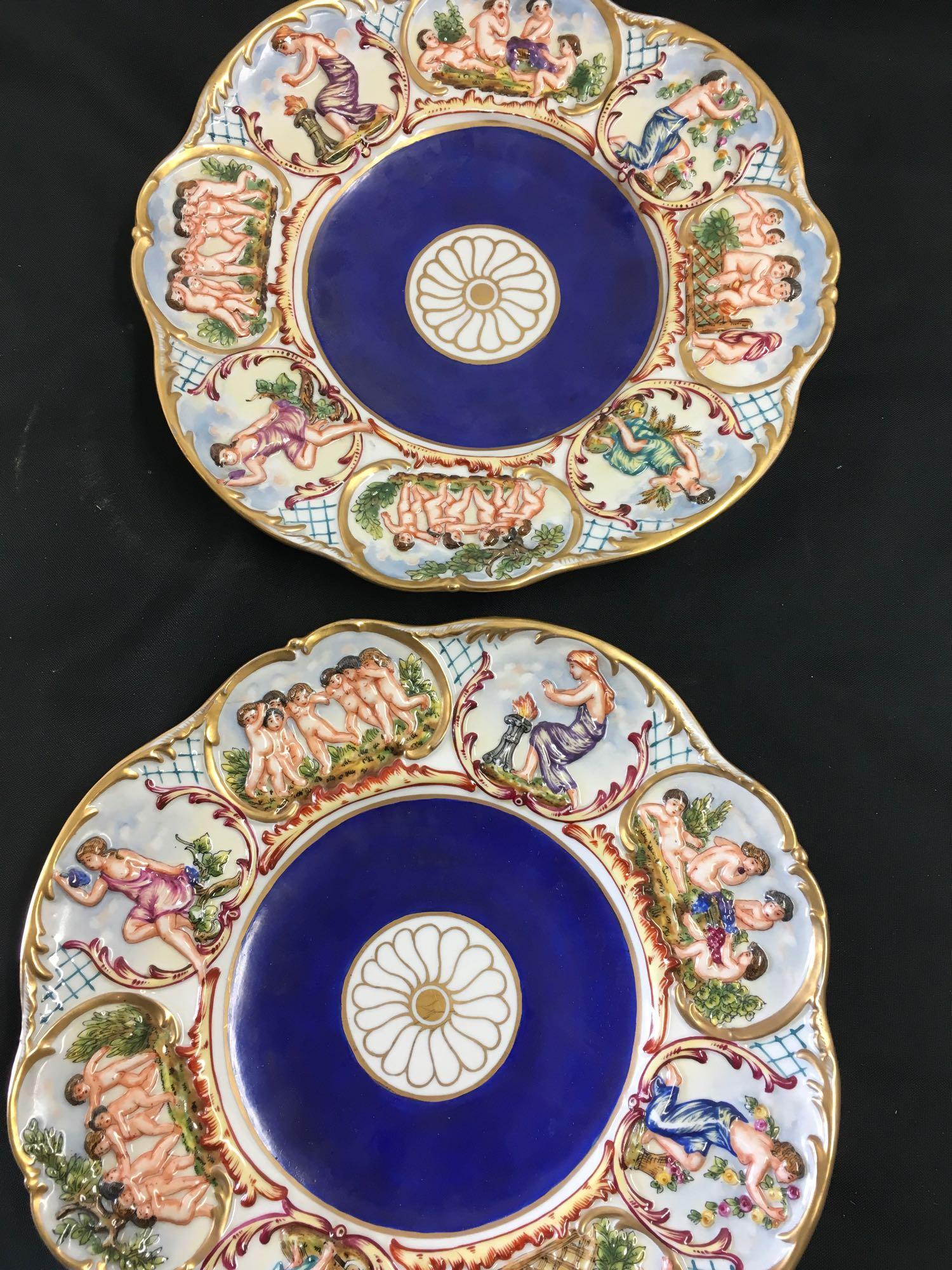 10 in. Vintage plates. Has note info with "early 19th c signed and dated Capidomonte plates"