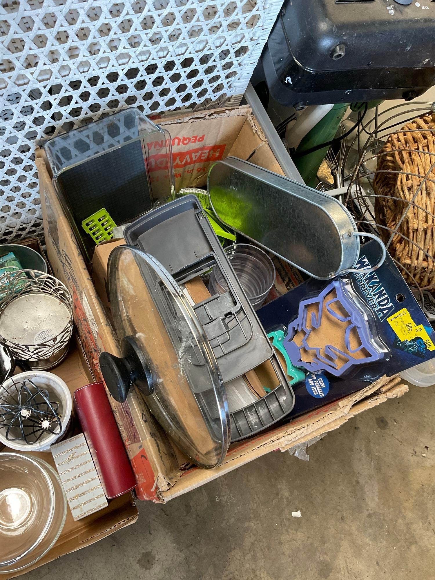 Large lot of kitchen items, appliances, buttons, heater, etc