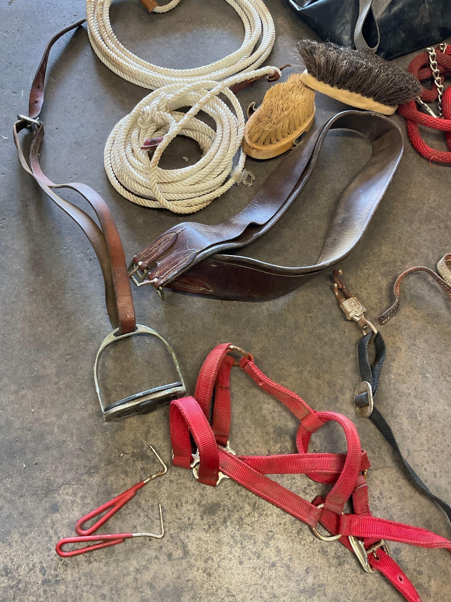 Large lot of horse items. Saddle, Tux head ropes feed bag, halters, leashes, girth, stirrup, etc.