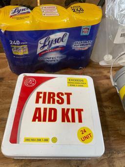 First Aid kit, Lysol wipes, Gojo scrubbing towels, Sprayer bottles, Vonguard medium boots
