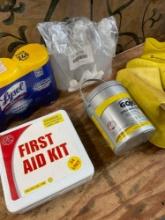 First Aid kit, Lysol wipes, Gojo scrubbing towels, Sprayer bottles, Vonguard medium boots