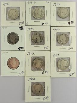 Lot of (10) misc Barber Quarters 1900-1909.