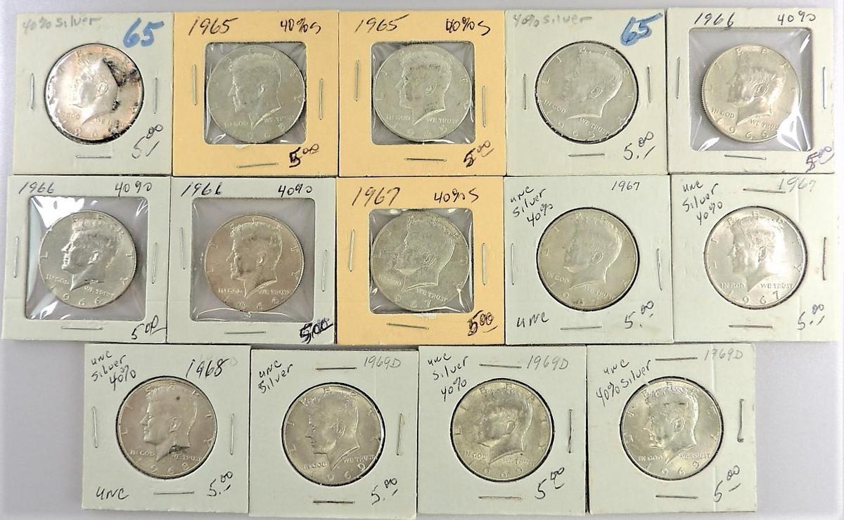 Lot of (14) misc 40% Silver Kennedy Half Dollars 1965-1969.