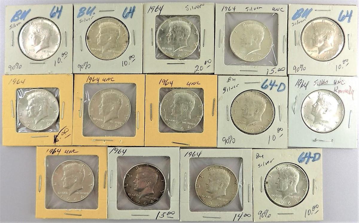 Lot of (14) 1964 90% Silver Kennedy Half Dollars includes (6) P's & (8) D's.